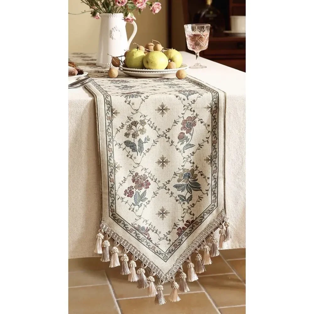 patdrea Designer Vintage Floral Linen Table Runner 87 Inch Long, Beige